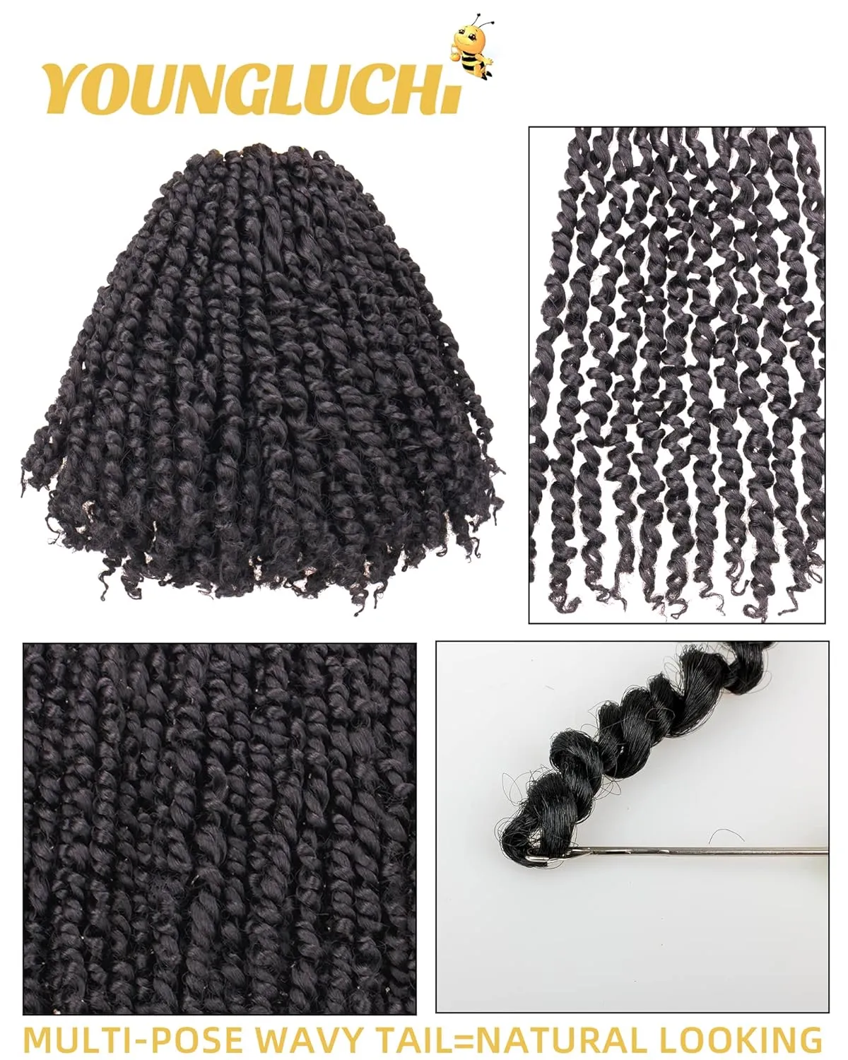 10 Inches 7 Packs Pre Looped Pretwisted Passion Twist Crochet Hair for Black Women and Kids-Natural Black,Soft Hair Extensions Braided by Synthetic Spring Kinky Twist Bohemian Curl(10"-7 Packs,1B)