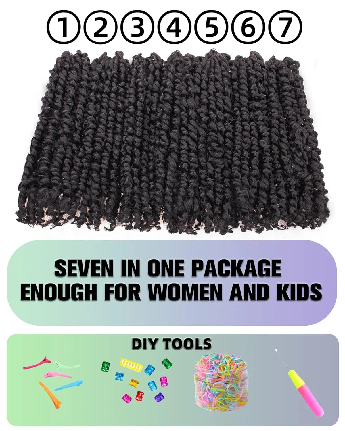 10 Inches 7 Packs Pre Looped Pretwisted Passion Twist Crochet Hair for Black Women and Kids-Natural Black,Soft Hair Extensions Braided by Synthetic Spring Kinky Twist Bohemian Curl(10"-7 Packs,1B)