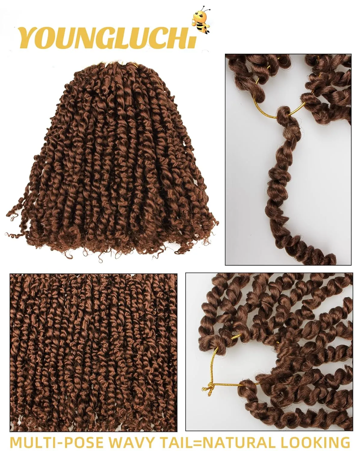 10 Inches 7 Packs Pre Looped Pretwisted Passion Twist Crochet Hair for Black Women and Kids-Natural Brown,Soft Hair Extensions Braided by Synthetic Spring Kinky Twist Bohemian Curl(10"-7 Packs,30#)
