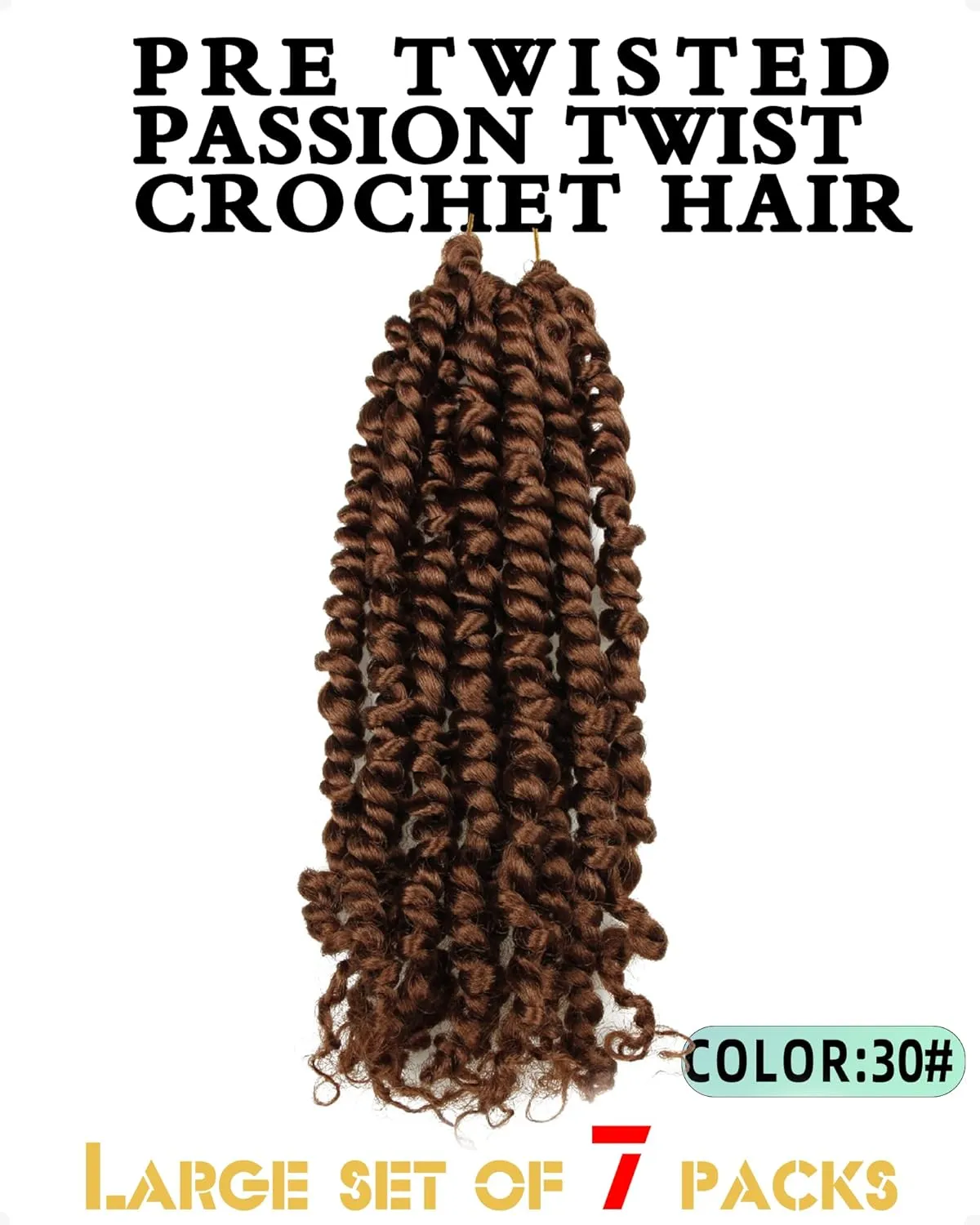 10 Inches 7 Packs Pre Looped Pretwisted Passion Twist Crochet Hair for Black Women and Kids-Natural Brown,Soft Hair Extensions Braided by Synthetic Spring Kinky Twist Bohemian Curl(10"-7 Packs,30#)