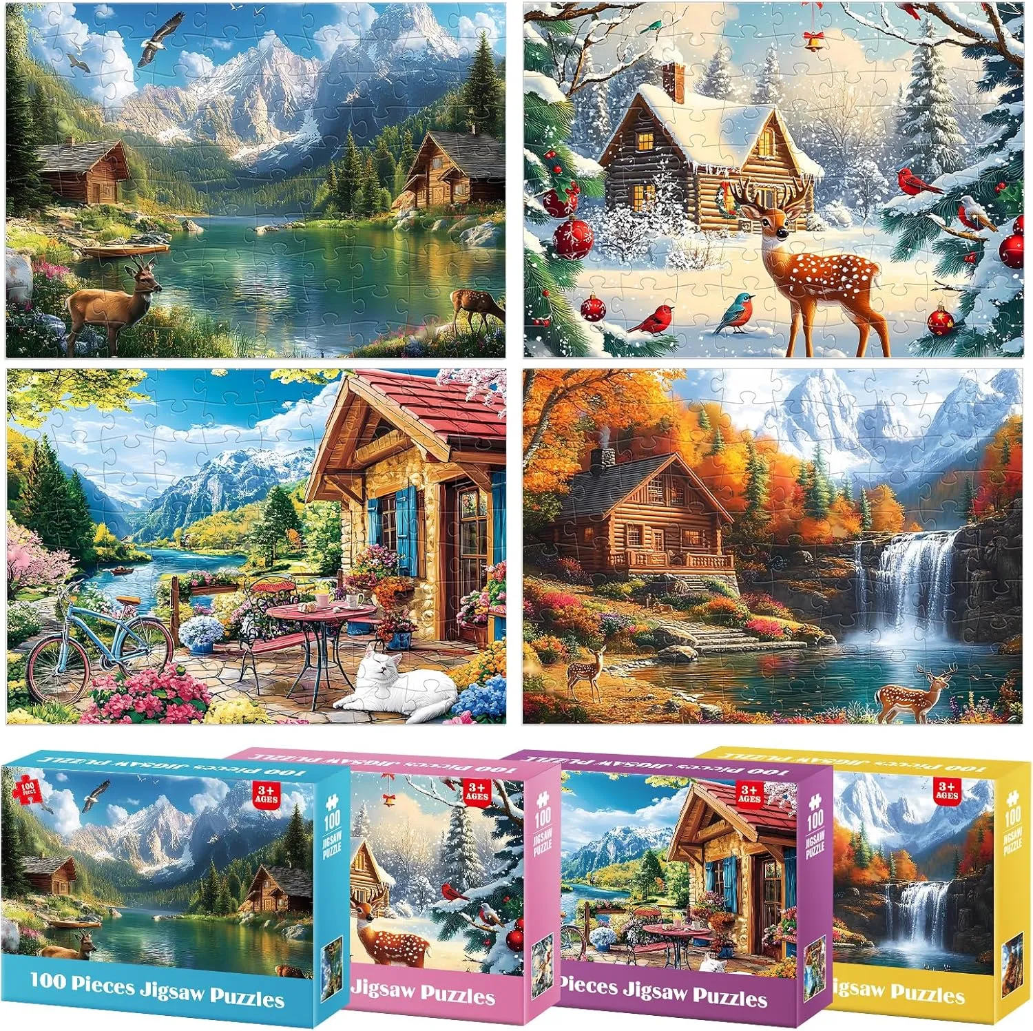 100 Piece Puzzles - Four Seasons Scenery Large Piece Puzzles for Senior Adults Kids Puzzle Ages 5-8 Jigsaw Puzzle for Kids Ages 4-6 6-8 8-10 Year Old Educational Toys for Girls Boys 4-Pack