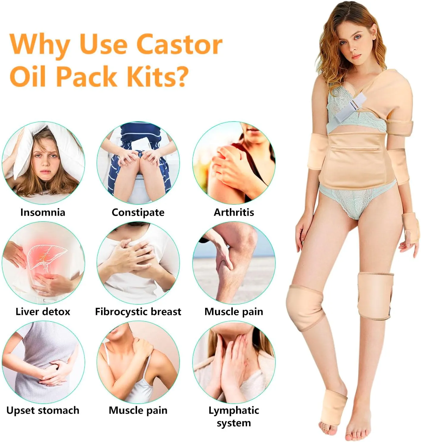 11Pcs Castor Oil Pack Wrap Kit Organic Cotton Liver Detox Pads Reusable Castor Oil Packs for Shoulder Hands Neck Knee Thigh Arms Machine Washable