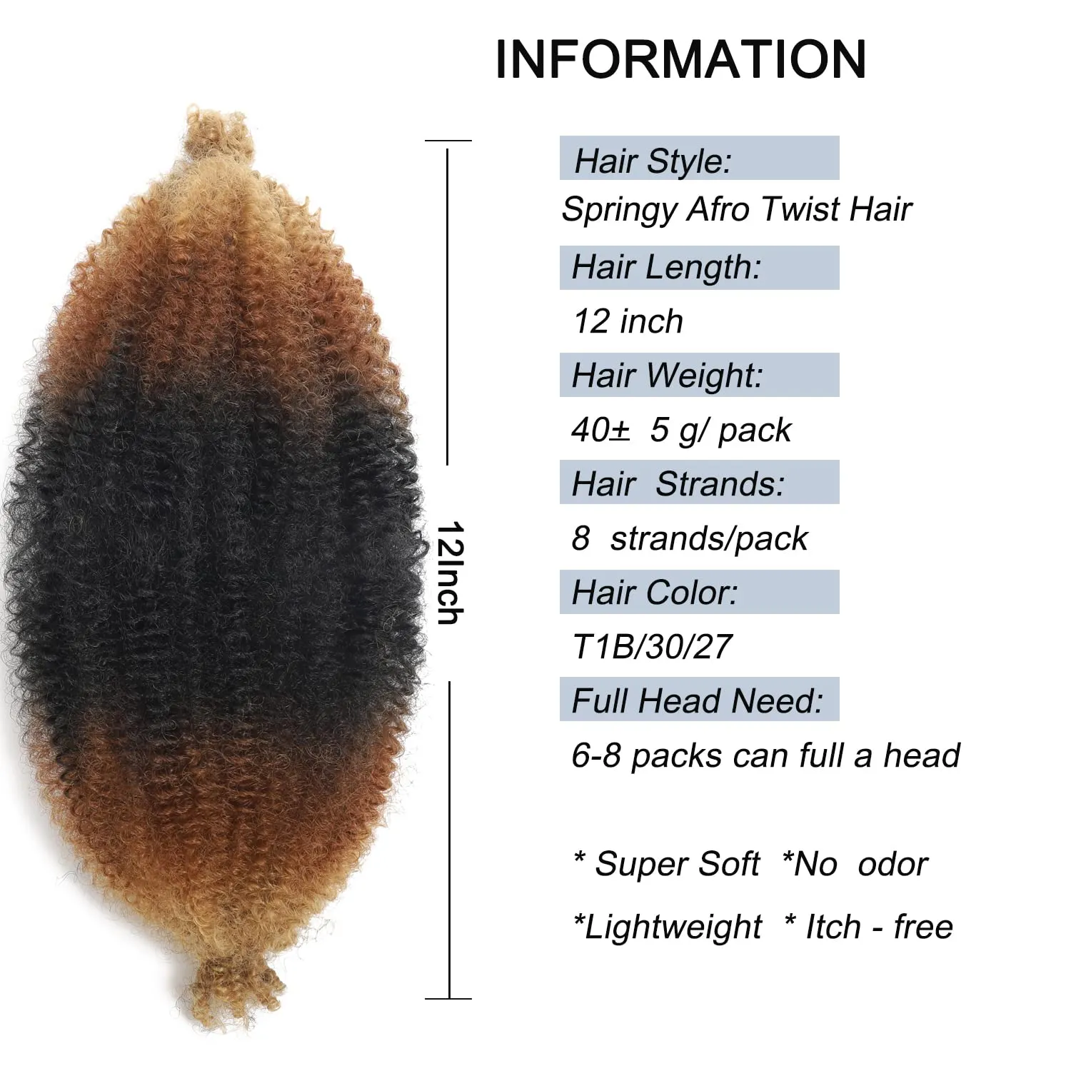 12 Inch Springy Afro Twist Hair 8 Packs Marley Twist Braiding Hair Pre-fluffed Spring Twist Hair Kinky Hair Afro Twist Hair Marley Hair for Faux Locs (12 Inch (Pack of 8), T1B/30/27)