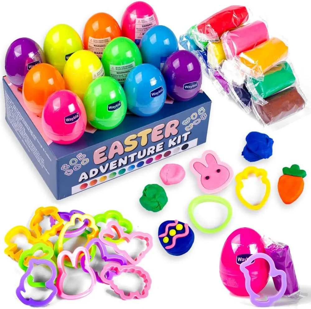 12-Pack Prefilled Easter Eggs with Modeling Dough & Easter-Shaped Cutters, Non-Candy Easter Gift Easter Basket Stuffers for Kids