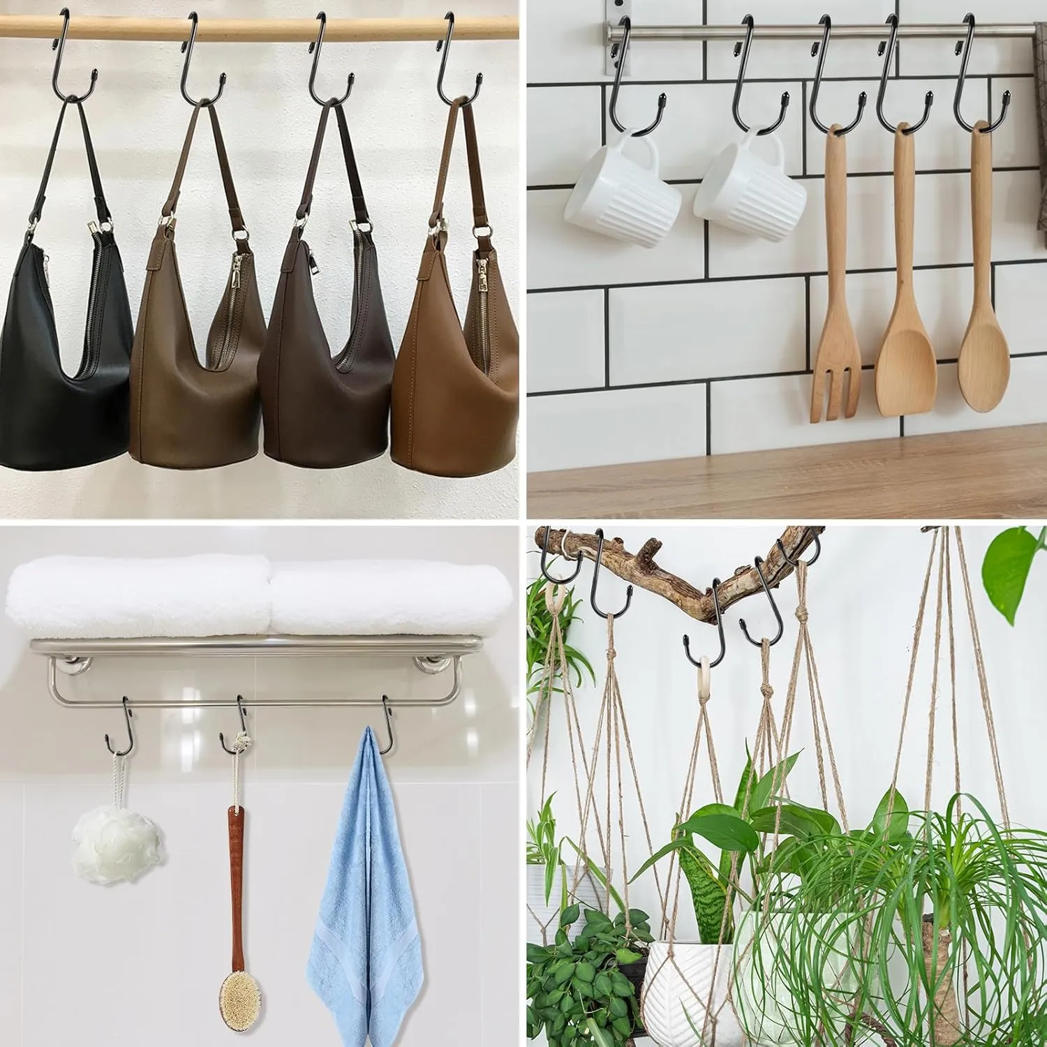 12 Pack Twist Design Purse Hooks, Vinyl Coated S Hooks, Large for Hanging Bags, Purses, Handbags, Belts, Scarves, Hats, Black