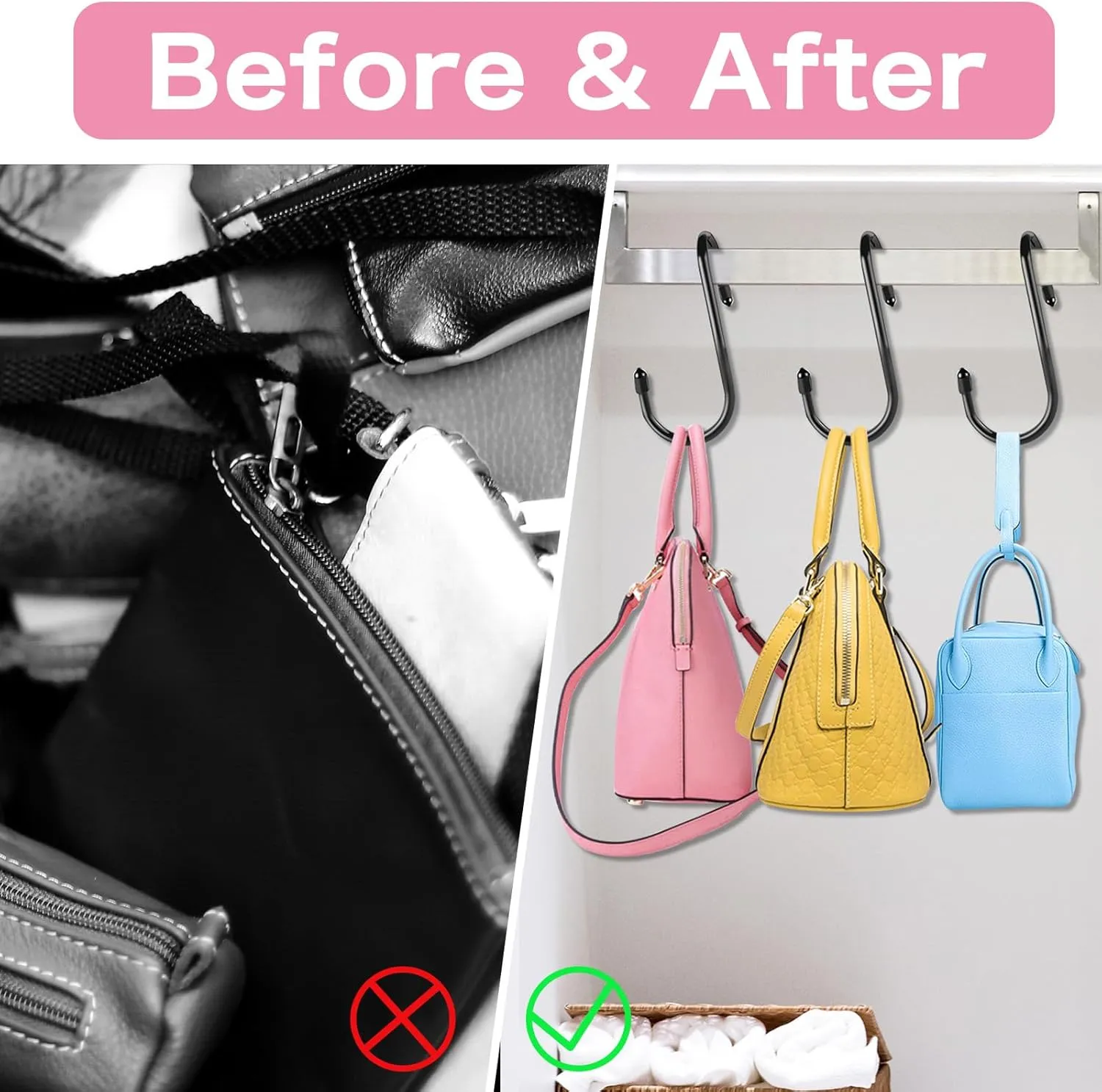 12 Pack Twist Design Purse Hooks, Vinyl Coated S Hooks, Large for Hanging Bags, Purses, Handbags, Belts, Scarves, Hats, Black