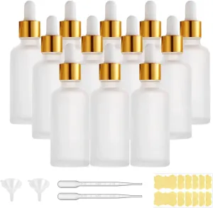 12 Pack,Clear Frosted Glass Dropper Bottle for Essential Oils,Empty Glass Liquid Holder With Eye Dropper,Golden Caps Travel Perfume Cosmetic Container-Pipette&Funnel included (50ml/1.75oz)