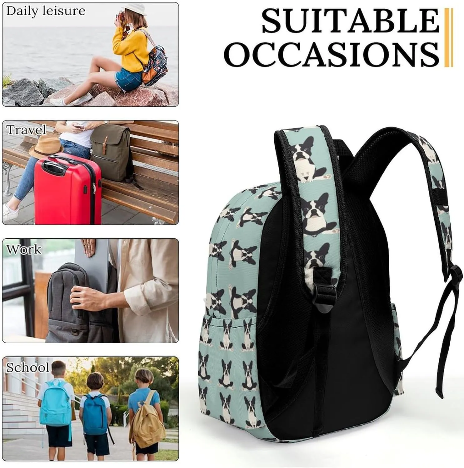16 Inch Backpack Yoga Boston Terrier Black Dogs Laptop Backpack School Bookbag Shoulder Bag Casual Daypack