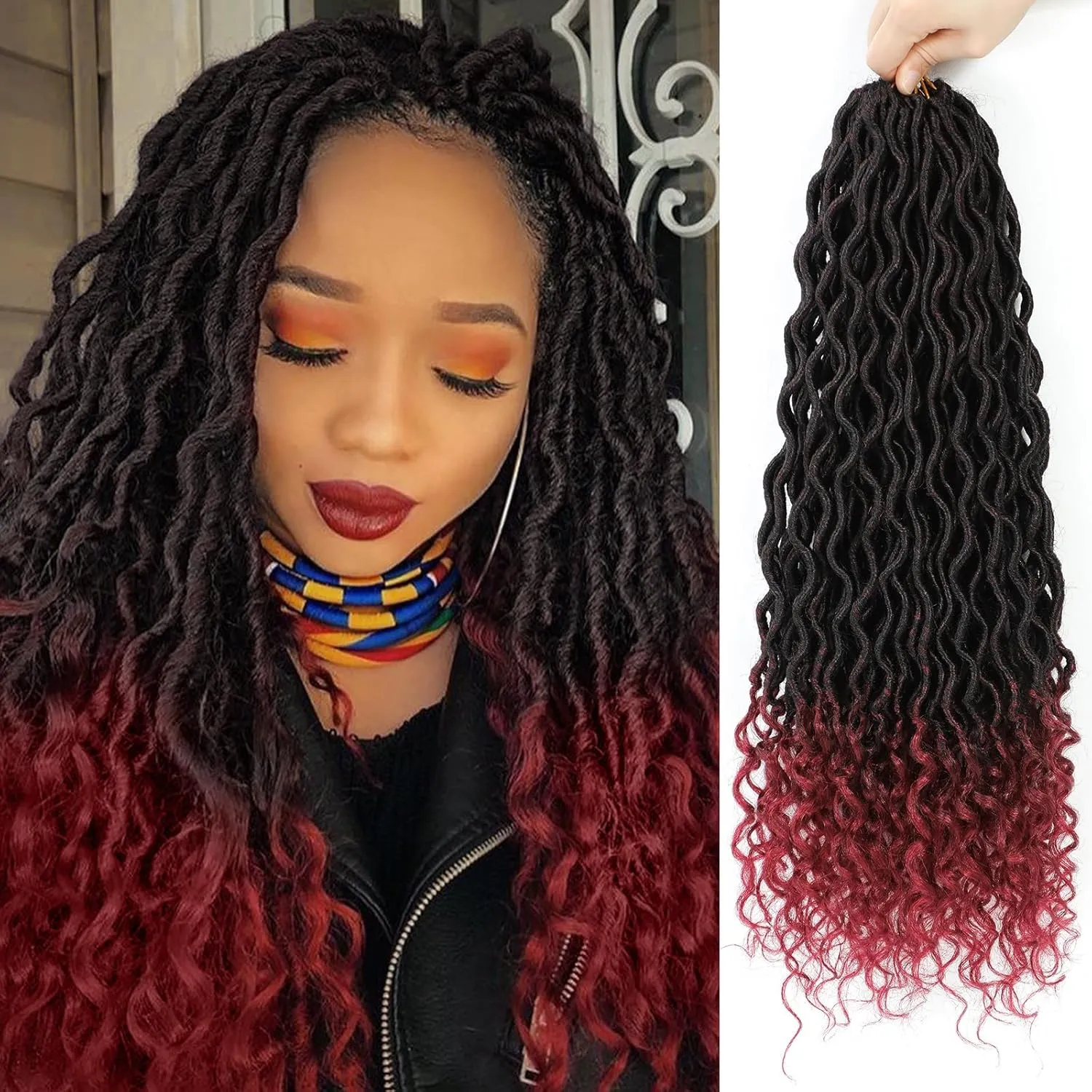 18 Inch Faux Locs Crochet Hair Pre Looped 6 Packs Goddess Locs Crochet Hair For Black Women Ombre Soft Locs With Curly Ends Prelooped Goddess Braids Crochet Hair Extensions(1B/BUG, 18 Inch, 6 Packs)