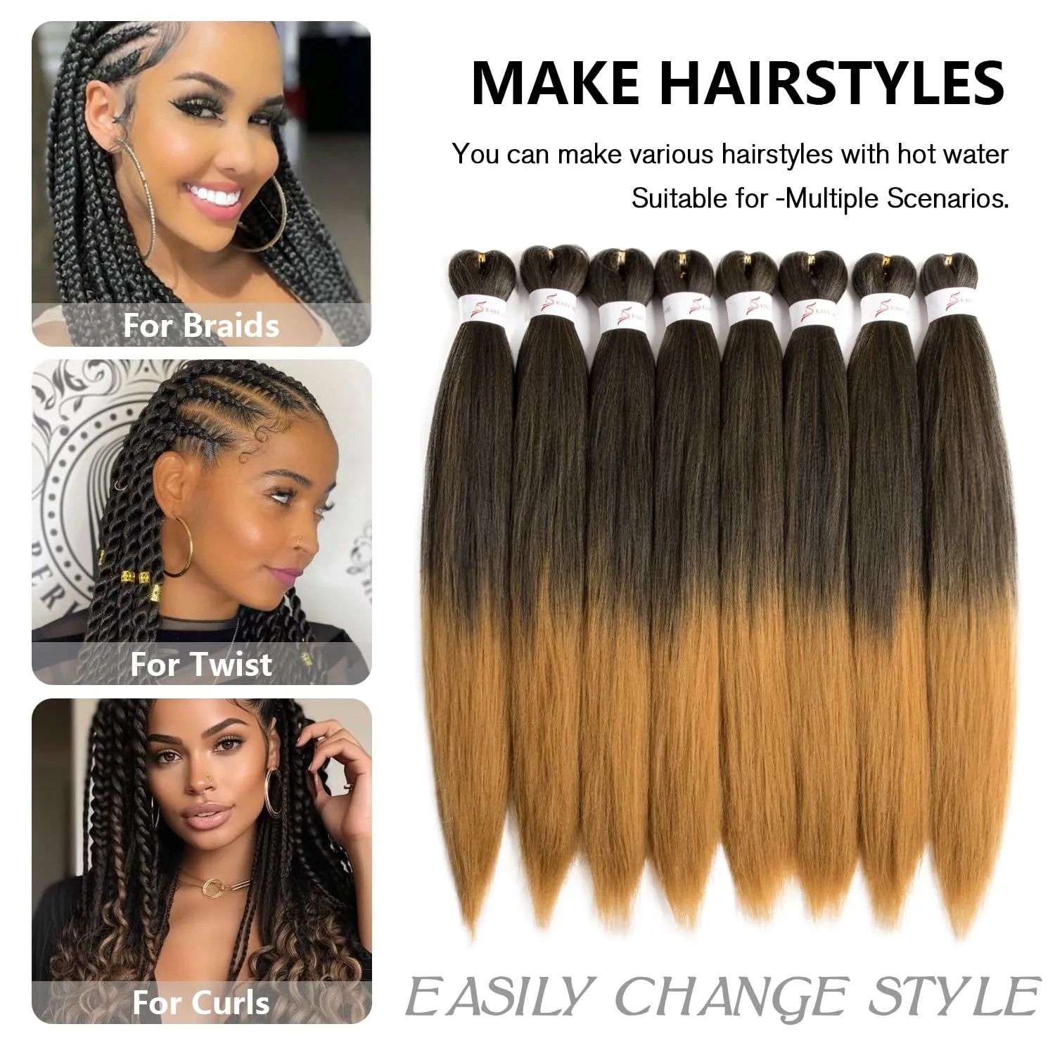 1B/27 Pre Stretched Braiding Hair 20 Inch 8 Packs Long Omber Black to Golden Blonde Braiding Hair Pre Stretched Professional Prestretched Hair Extensions Synthetic Crochet Twist Braids