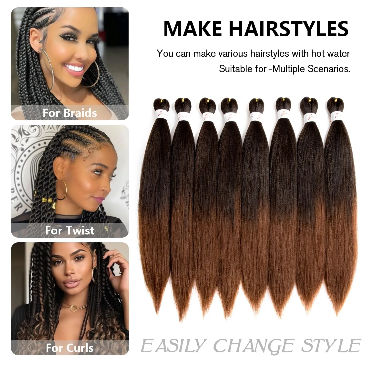 1B/30 Pre Stretched Braiding Hair 20 Inch 8 Packs Long Ombre Black to Dark Brown Braiding Hair Pre Stretched Professional Prestretched Hair Extensions Synthetic Crochet Twist Braids