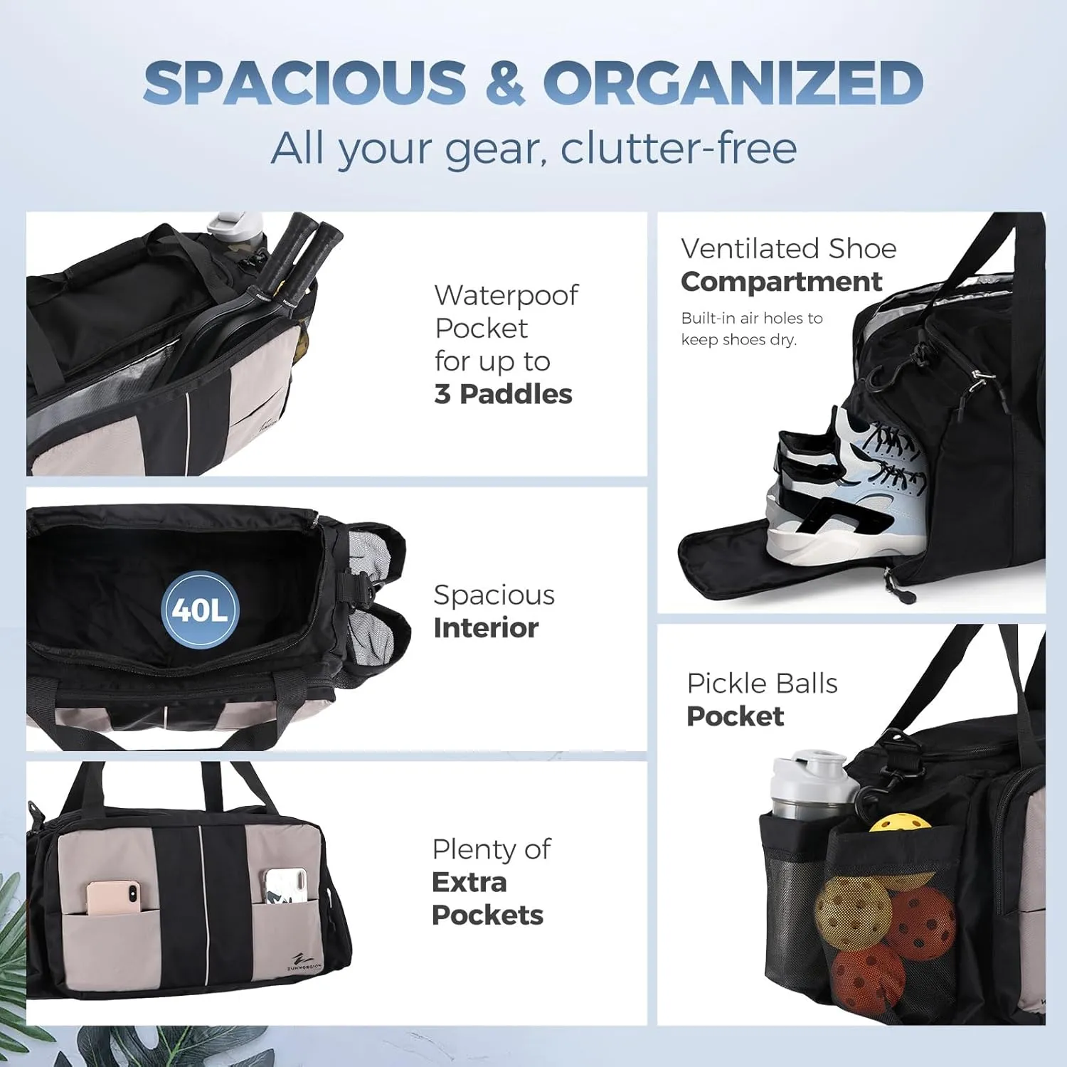 2-in-1 Pickleball & Gym Backpack - 40L Sports Duffle for Men & Women: Tote, Crossbody - Unisex Pickle Ball Bag Gifts: Sling Strap, Waterproof Compartments, Insulating Bag