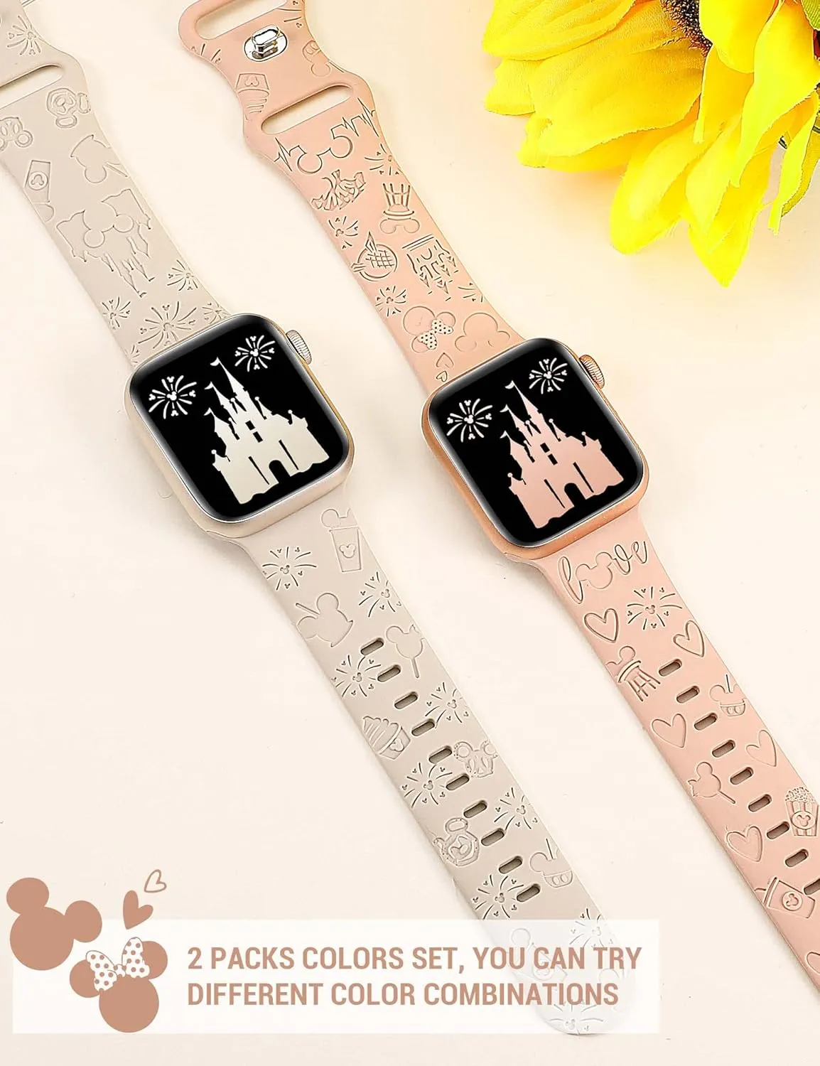 2 Packs Cartoon Engraved Band Compatible with Apple Watch Band 38mm 40mm 41mm 42mm 44mm 45mm 46mm 49mm Women, Cute Designer Soft Silicone Strap for iWatch 10/9/8/7/6/5/4/3/2/1/SE/Ultra/Ultra2