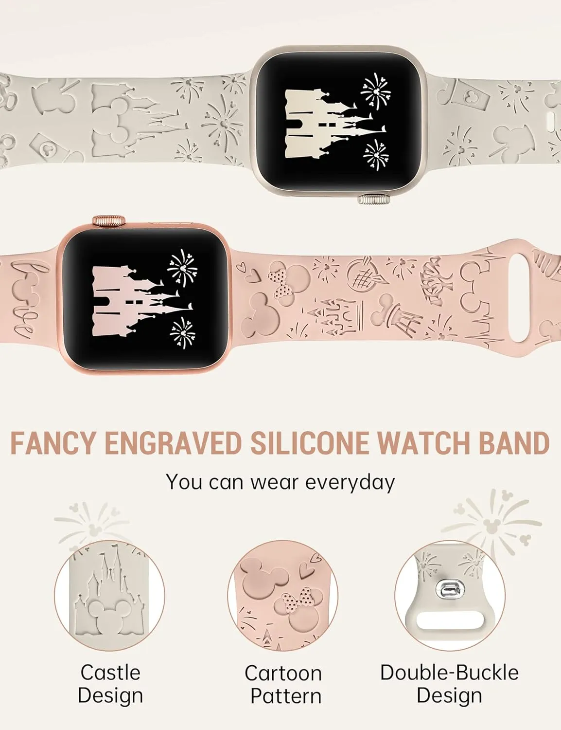 2 Packs Cartoon Engraved Band Compatible with Apple Watch Band 38mm 40mm 41mm 42mm 44mm 45mm 46mm 49mm Women, Cute Designer Soft Silicone Strap for iWatch 10/9/8/7/6/5/4/3/2/1/SE/Ultra/Ultra2
