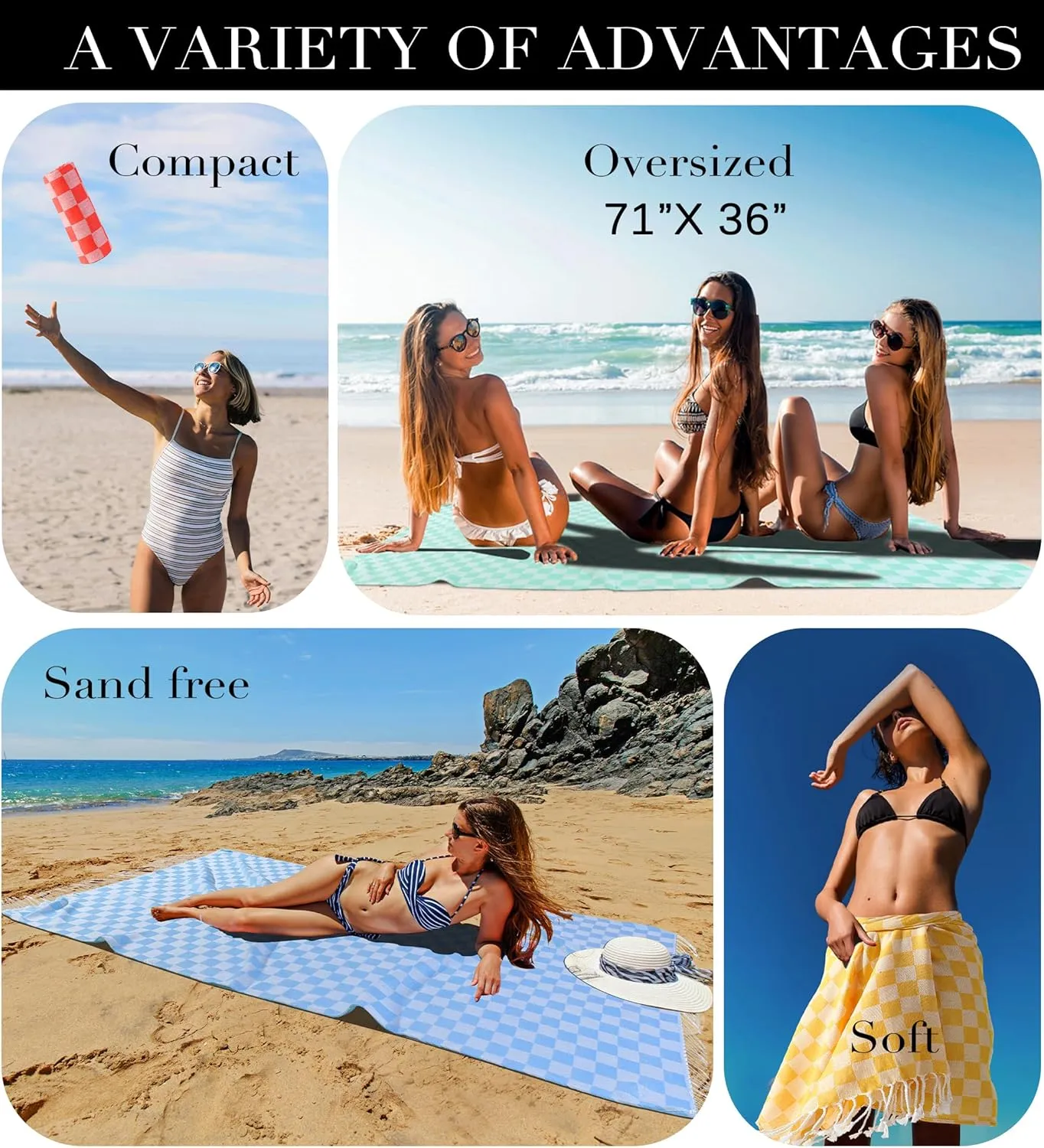 2 Packs Checkered Plaid Beach Sarong Turkish Towel Pareo Women Boho Swimsuit Coverup Maxi Bikini Cover Up Swim Tie Skirts Bath Suit Cruise Carnival Ship Essentials Packing List Accessories Vacation