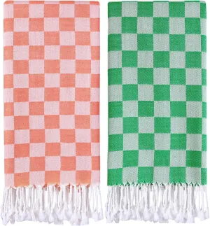 2 Packs Checkered Plaid Beach Sarong Turkish Towel Pareo Women Boho Swimsuit Coverup Maxi Bikini Cover Up Swim Tie Skirts Bath Suit Cruise Carnival Ship Essentials Packing List Accessories Vacation
