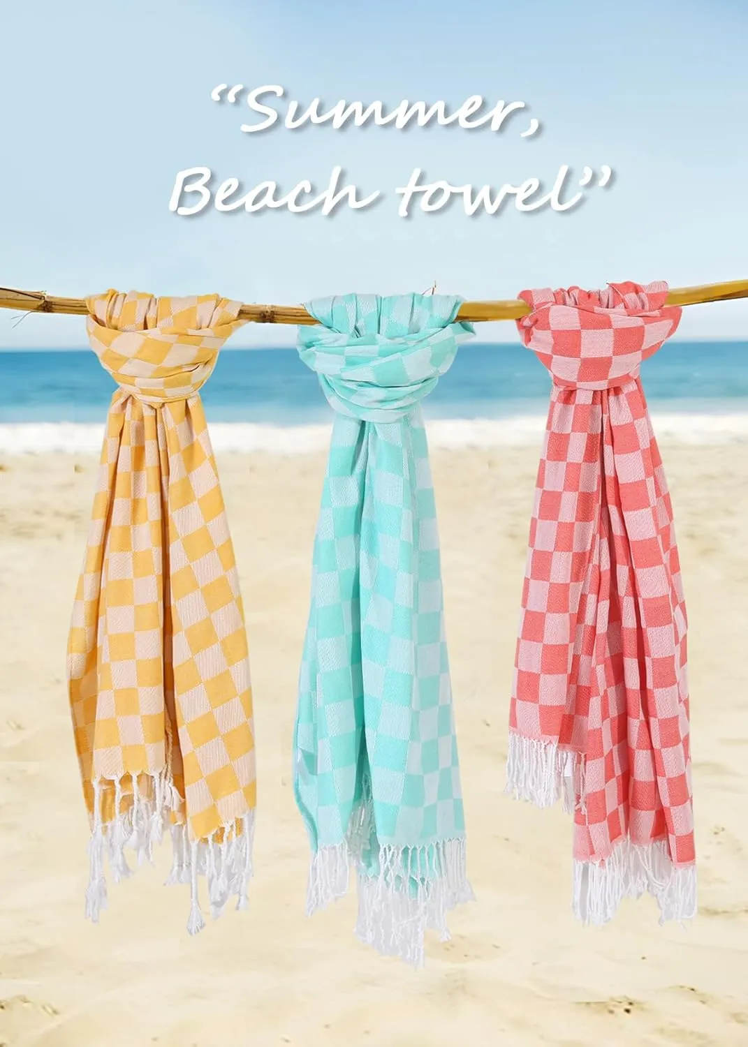 2 Packs Checkered Plaid Beach Sarong Turkish Towel Pareo Women Boho Swimsuit Coverup Maxi Bikini Cover Up Swim Tie Skirts Bath Suit Cruise Carnival Ship Essentials Packing List Accessories Vacation