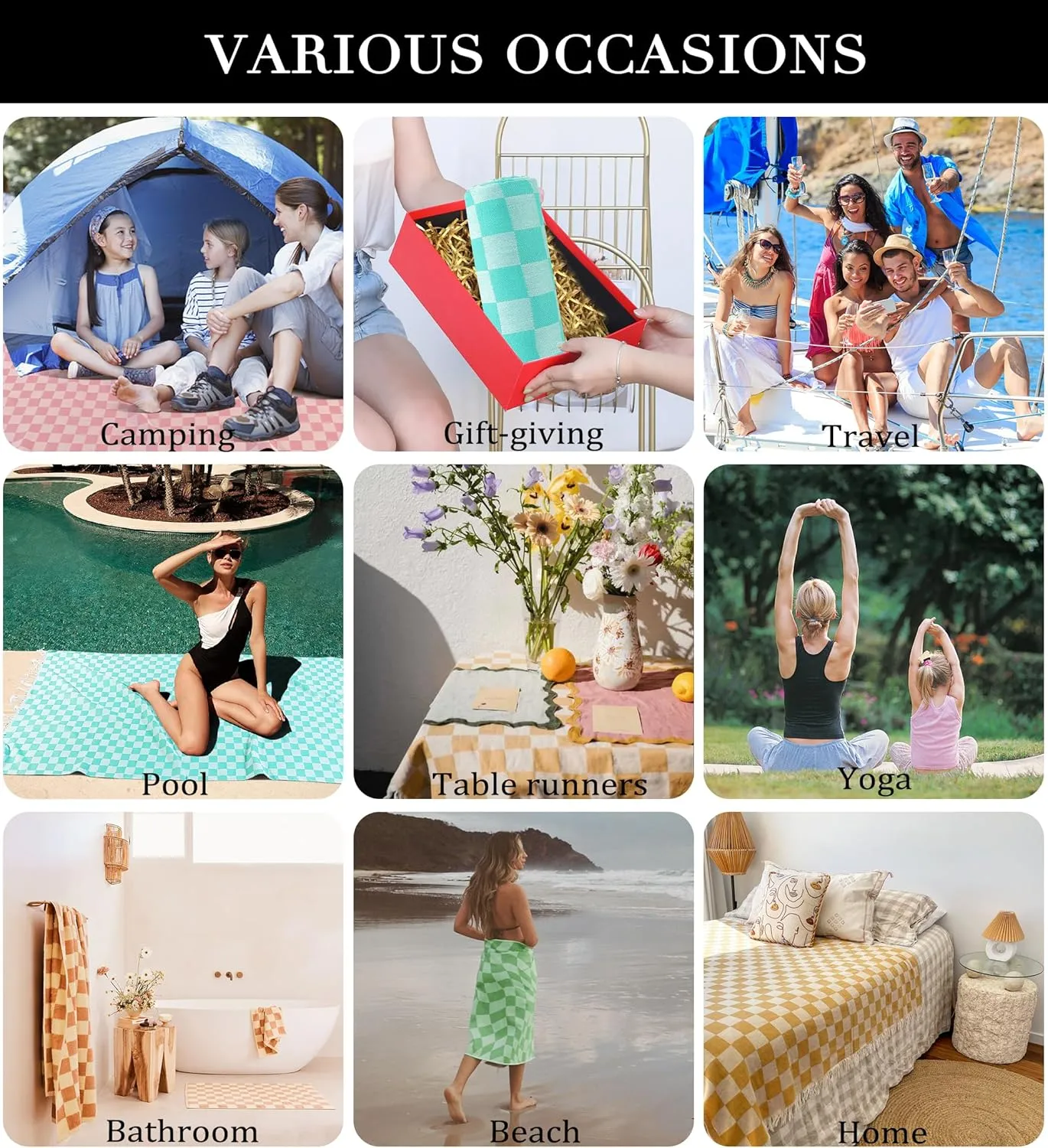 2 Packs Checkered Plaid Beach Sarong Turkish Towel Pareo Women Boho Swimsuit Coverup Maxi Bikini Cover Up Swim Tie Skirts Bath Suit Cruise Carnival Ship Essentials Packing List Accessories Vacation