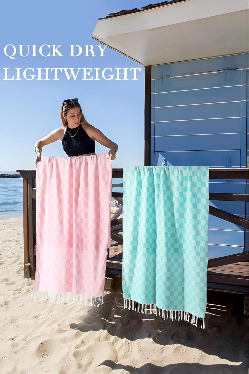 2 Packs Checkered Plaid Beach Sarong Turkish Towel Pareo Women Boho Swimsuit Coverup Maxi Bikini Cover Up Swim Tie Skirts Bath Suit Cruise Carnival Ship Essentials Packing List Accessories Vacation