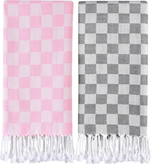 2 Packs Checkered Plaid Yoga Gym Turkish Towel for Spa Bath Beach Blanket Quick Dry Lightweight Absorbent Gym Gear Essentials Running Accessories Excise Must Haves Workout Stuff Walking Gadgets
