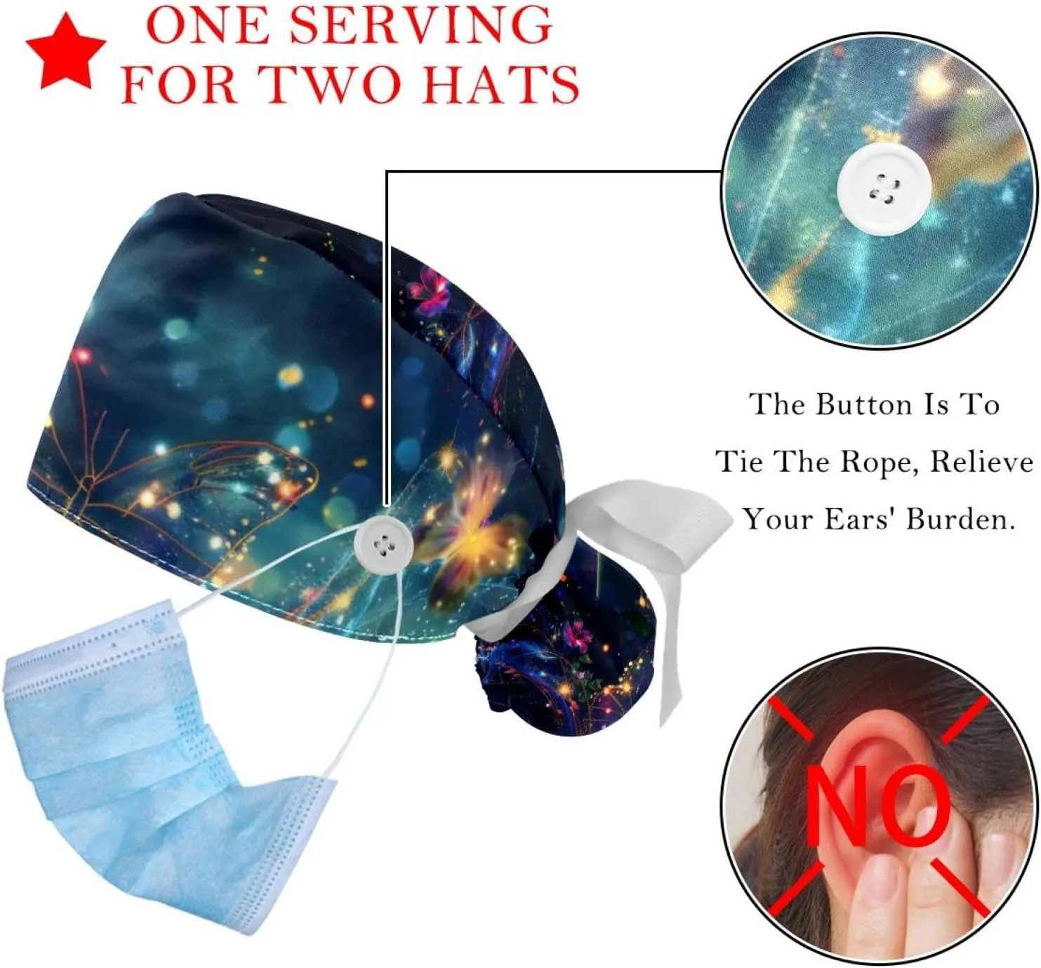 2 Packs Colorful Marble Texture Pattern Bouffant Hat Buttons Adjustable Working Caps Stretchy Tie Back Scrub Hats