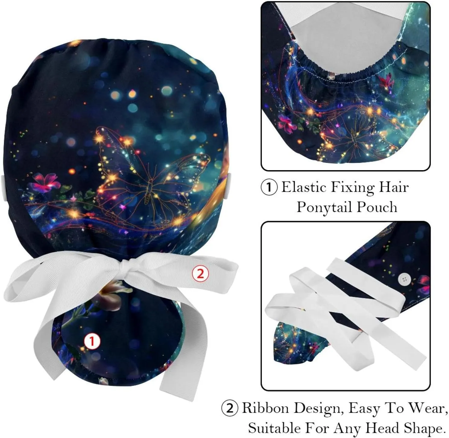 2 Packs Colorful Marble Texture Pattern Bouffant Hat Buttons Adjustable Working Caps Stretchy Tie Back Scrub Hats