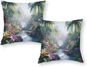 2 Packs Rainforest Waterfall Throw Pillow Covers for Living Room, Colorful Floral Palm Stream Pillow Covers Cushion Case for Couch Sofa Bed, 20x20 inch