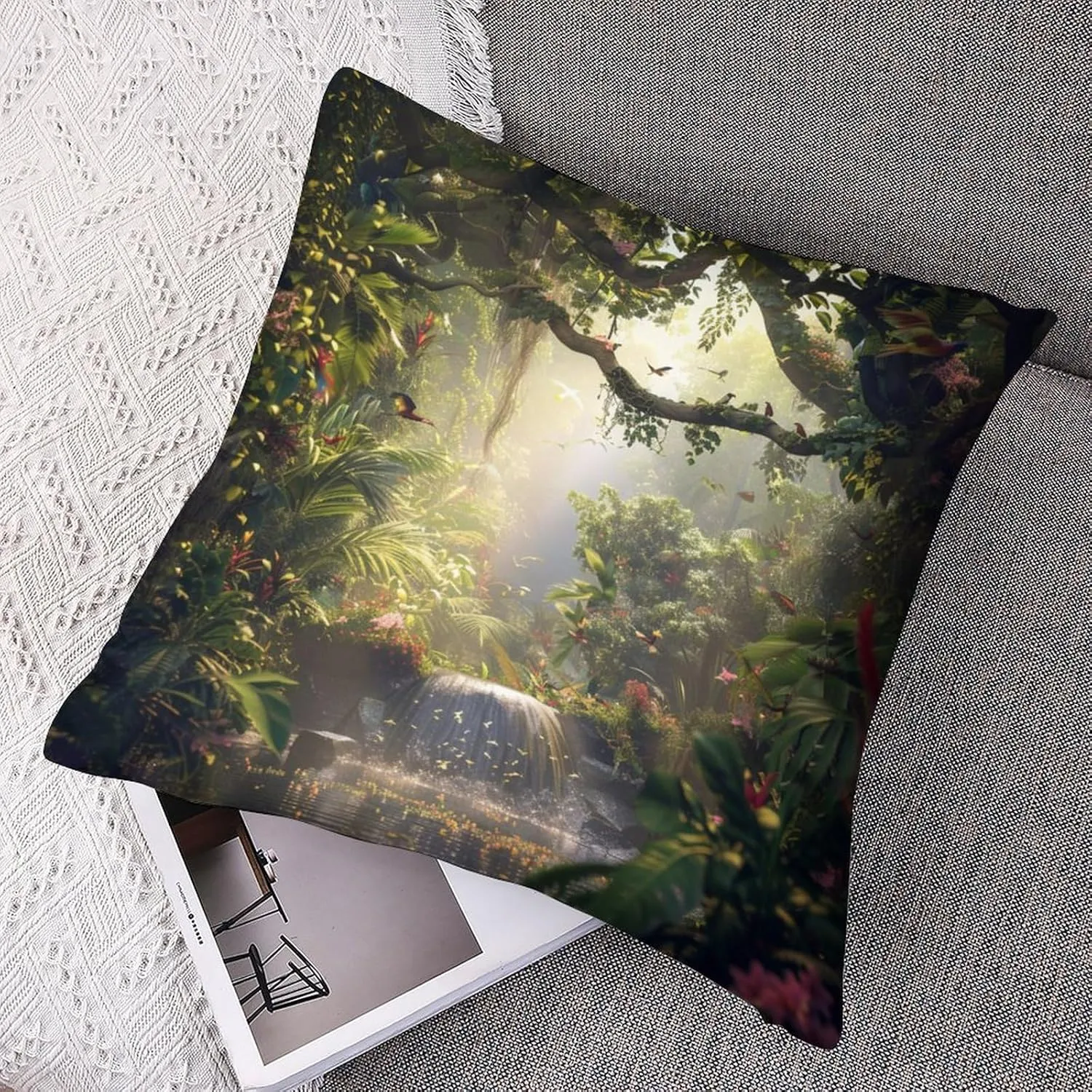 2 Packs Tropical Forest Tree Throw Pillow Covers for Living Room, Colorful Bird Jungle Stream Pillow Covers Cushion Case for Couch Sofa Bed, 16x16 inch