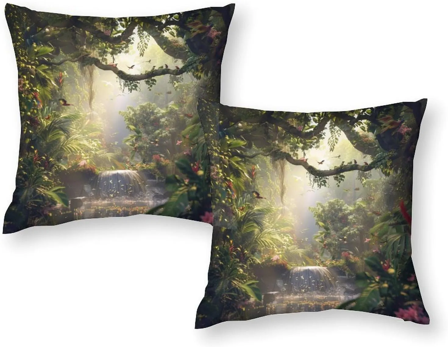 2 Packs Tropical Forest Tree Throw Pillow Covers for Living Room, Colorful Bird Jungle Stream Pillow Covers Cushion Case for Couch Sofa Bed, 16x16 inch