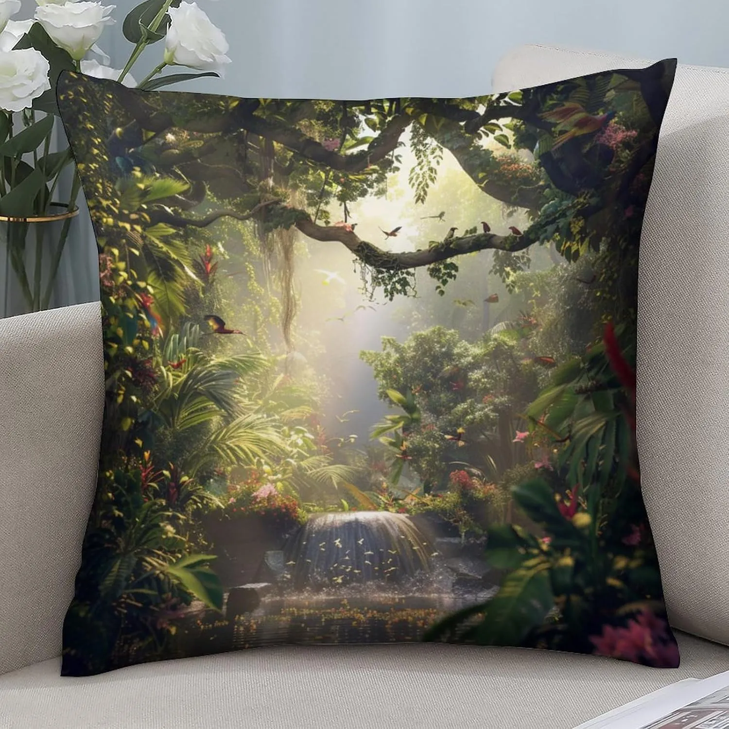 2 Packs Tropical Forest Tree Throw Pillow Covers for Living Room, Colorful Bird Jungle Stream Pillow Covers Cushion Case for Couch Sofa Bed, 16x16 inch