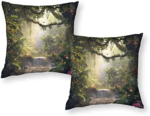 2 Packs Tropical Forest Tree Throw Pillow Covers for Living Room, Colorful Bird Jungle Stream Pillow Covers Cushion Case for Couch Sofa Bed, 16x16 inch