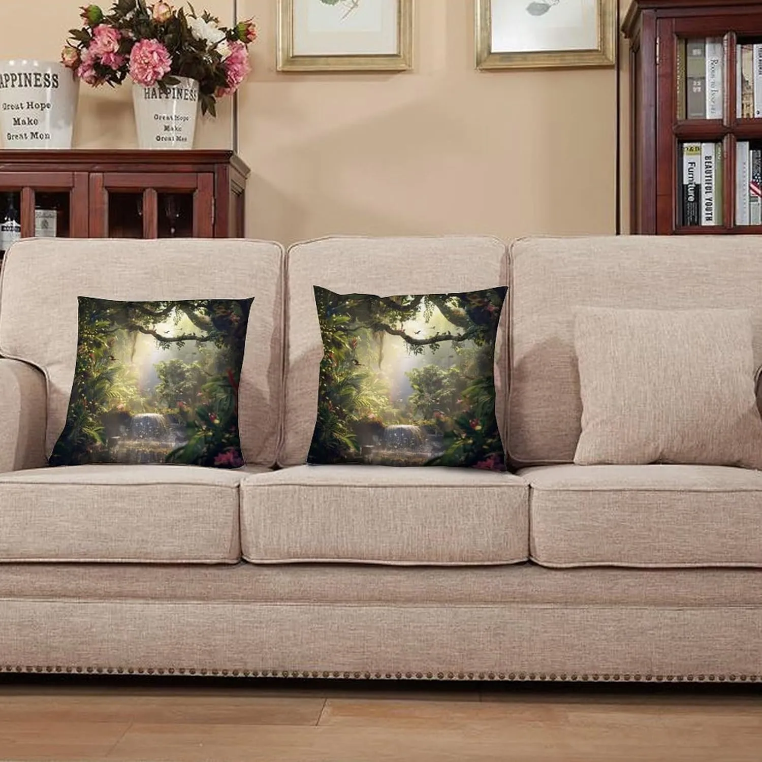 2 Packs Tropical Forest Tree Throw Pillow Covers for Living Room, Colorful Bird Jungle Stream Pillow Covers Cushion Case for Couch Sofa Bed, 16x16 inch