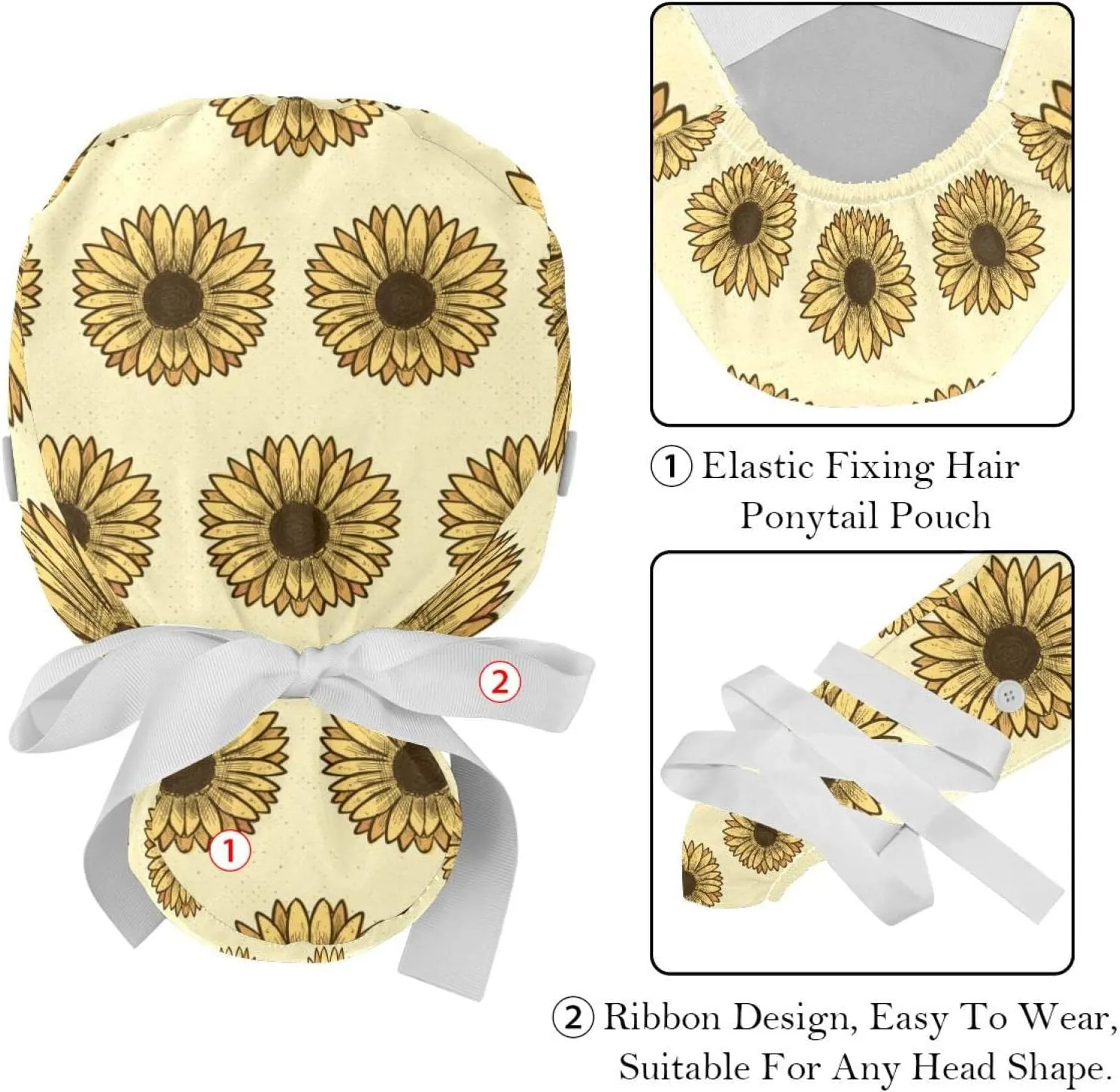 2 Packs Working Cap with Button for Women Long Hair Adjustable Elastic Bandage Tie Back Hats Bouffant Caps Floral