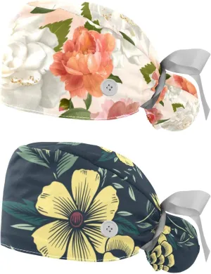 2 Packs Working Cap with Button for Women Long Hair Adjustable Elastic Bandage Tie Back Hats Bouffant Caps Floral