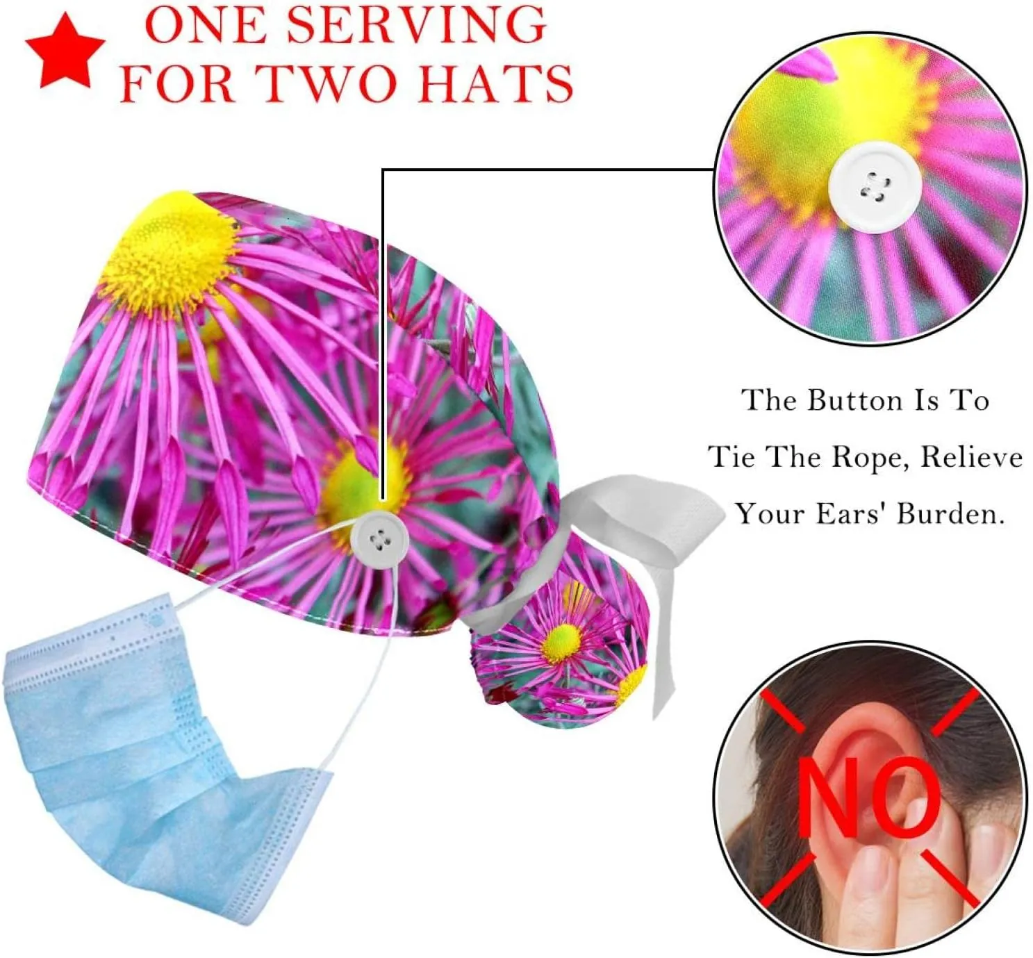 2 Packs Working Cap with Button for Women Long Hair Adjustable Elastic Bandage Tie Back Hats Bouffant Caps Floral