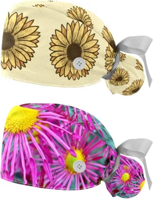 2 Packs Working Cap with Button for Women Long Hair Adjustable Elastic Bandage Tie Back Hats Bouffant Caps Floral