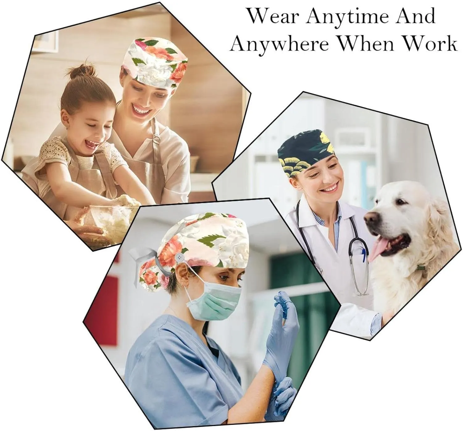 2 Packs Working Cap with Button for Women Long Hair Adjustable Elastic Bandage Tie Back Hats Bouffant Caps Floral