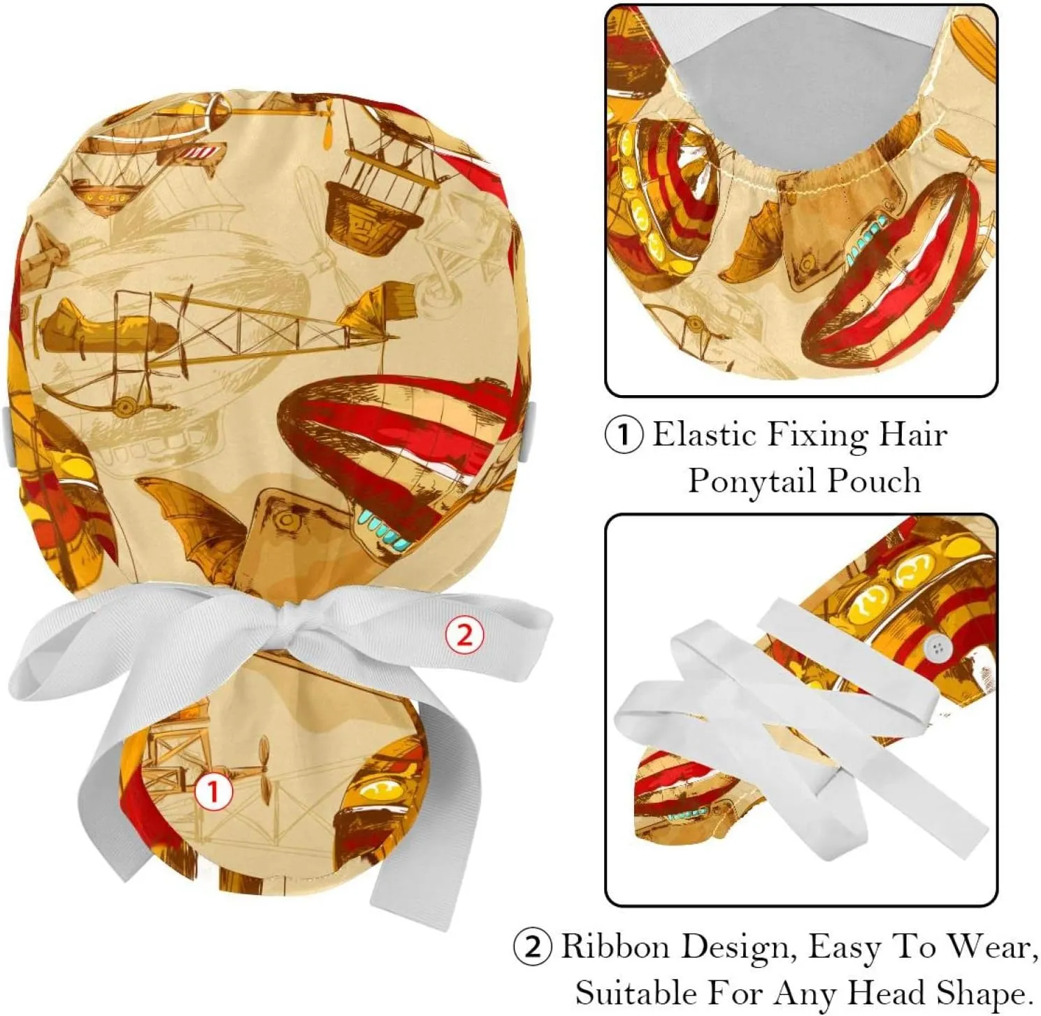 2 Packs Working Cap with Button for Women Long Hair Adjustable Elastic Bandage Tie Back Hats Bouffant Caps World Map