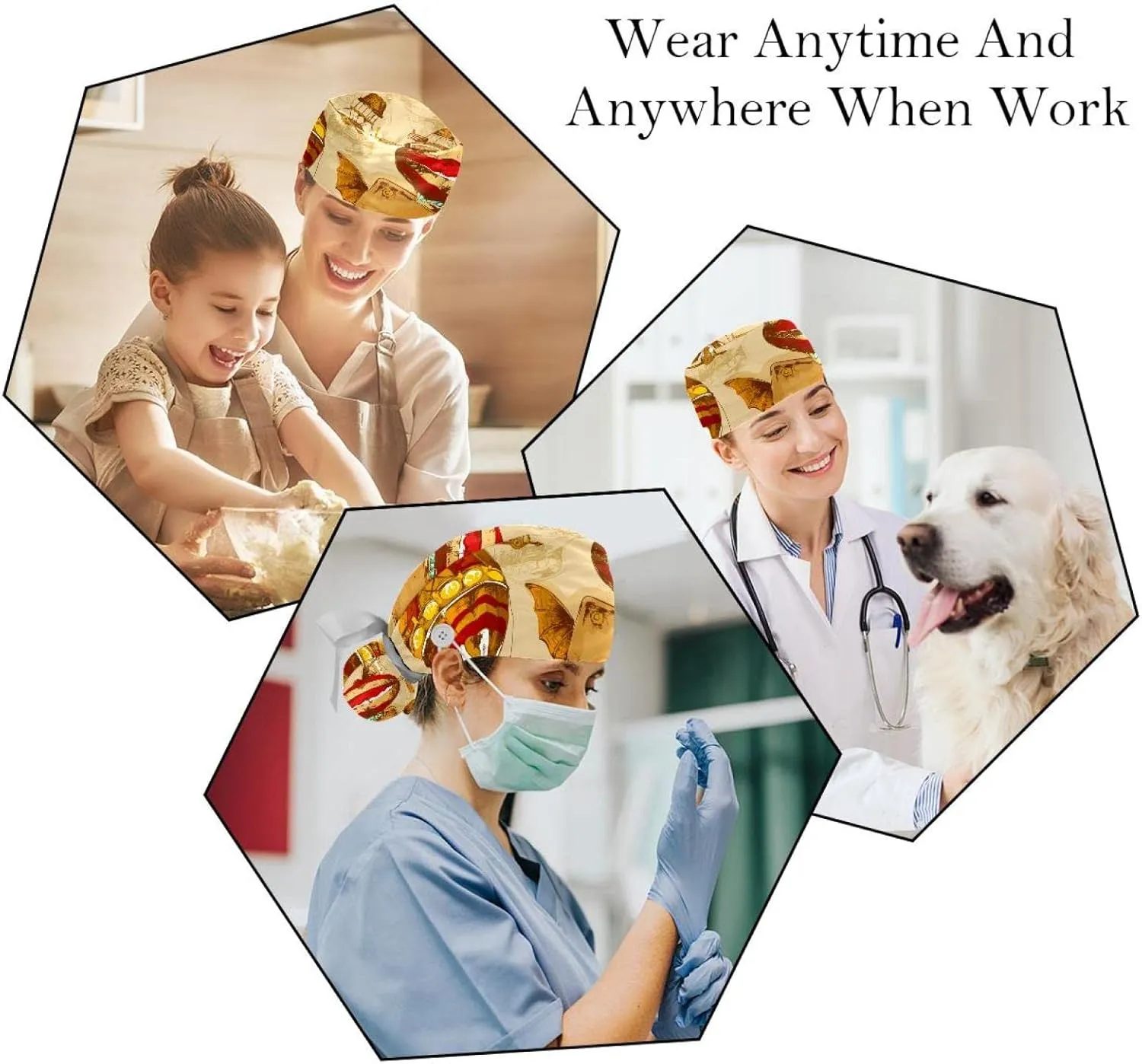 2 Packs Working Cap with Button for Women Long Hair Adjustable Elastic Bandage Tie Back Hats Bouffant Caps World Map