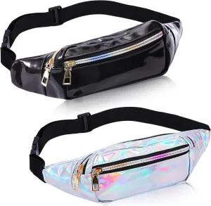 2 Pcs Holographic Fanny Packs,Metallic Color Sport Waist Bags with 2-Pockets Adjustable Belts,Waterproof Crossbody Belt Bag,PU Leather Cute Bum Bag for Women Festival Travel Rave Hiking(Silver, Black)