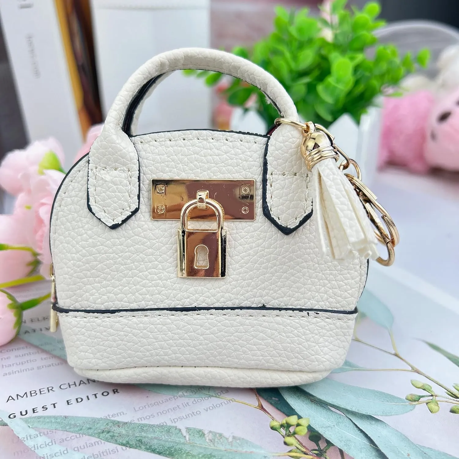 2 PCS Mini Coin Purse Keychain Mini Tote Bag Keychain PU Leather Little Cosmetic Bag for Women Key Lipstick Card Data Cable Organizer