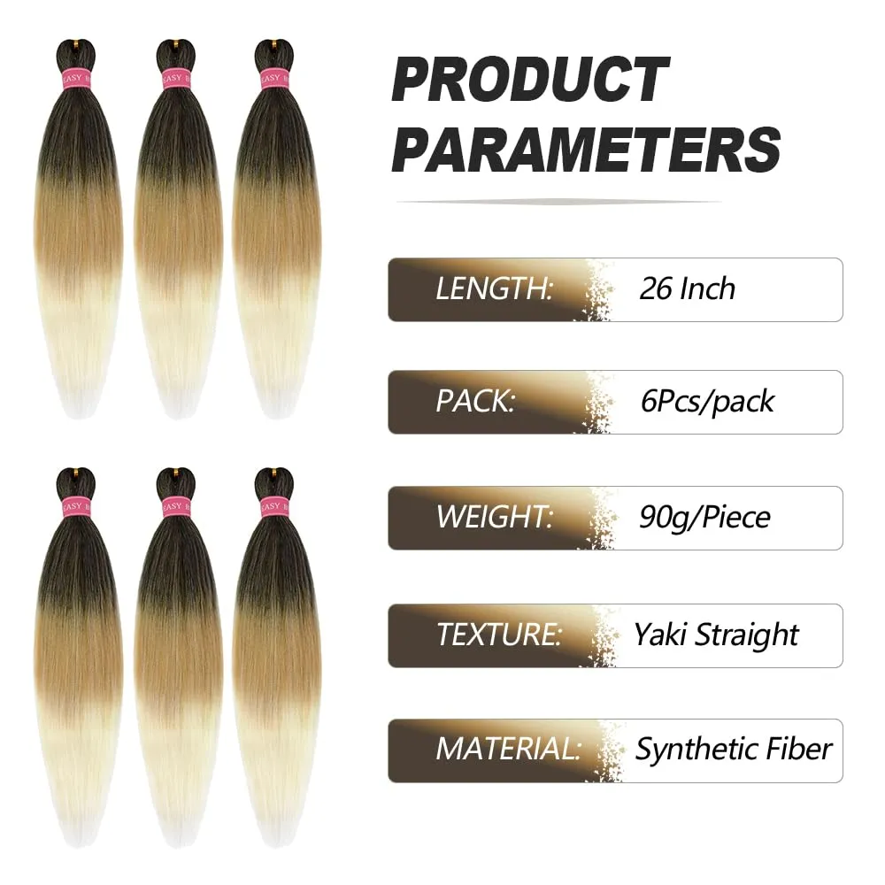 26 Inch Pre Stretched Braiding Hair 6Pcs/Packs Yaki Straight Braiding Hair Extensions for Braids(26" 6Pcs #1B/27/613)