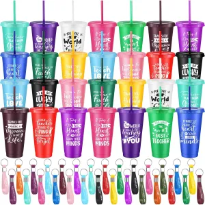 28 Set Teacher Appreciation Gifts 24oz Thank You Plastic Cups with Silicone Keychains Bulk Reusable Tumblers for Teachers Appreciation Gifts Graduation Favors