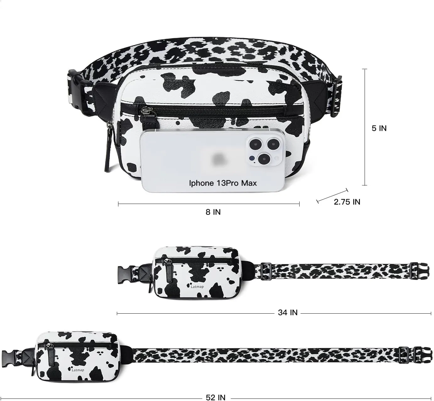2L Fanny Packs Everywhere Belt Bag Small Fashion Crossbody Waist Pack Faux Leather Waterproof Sling Chest Bag For Women Cow Print