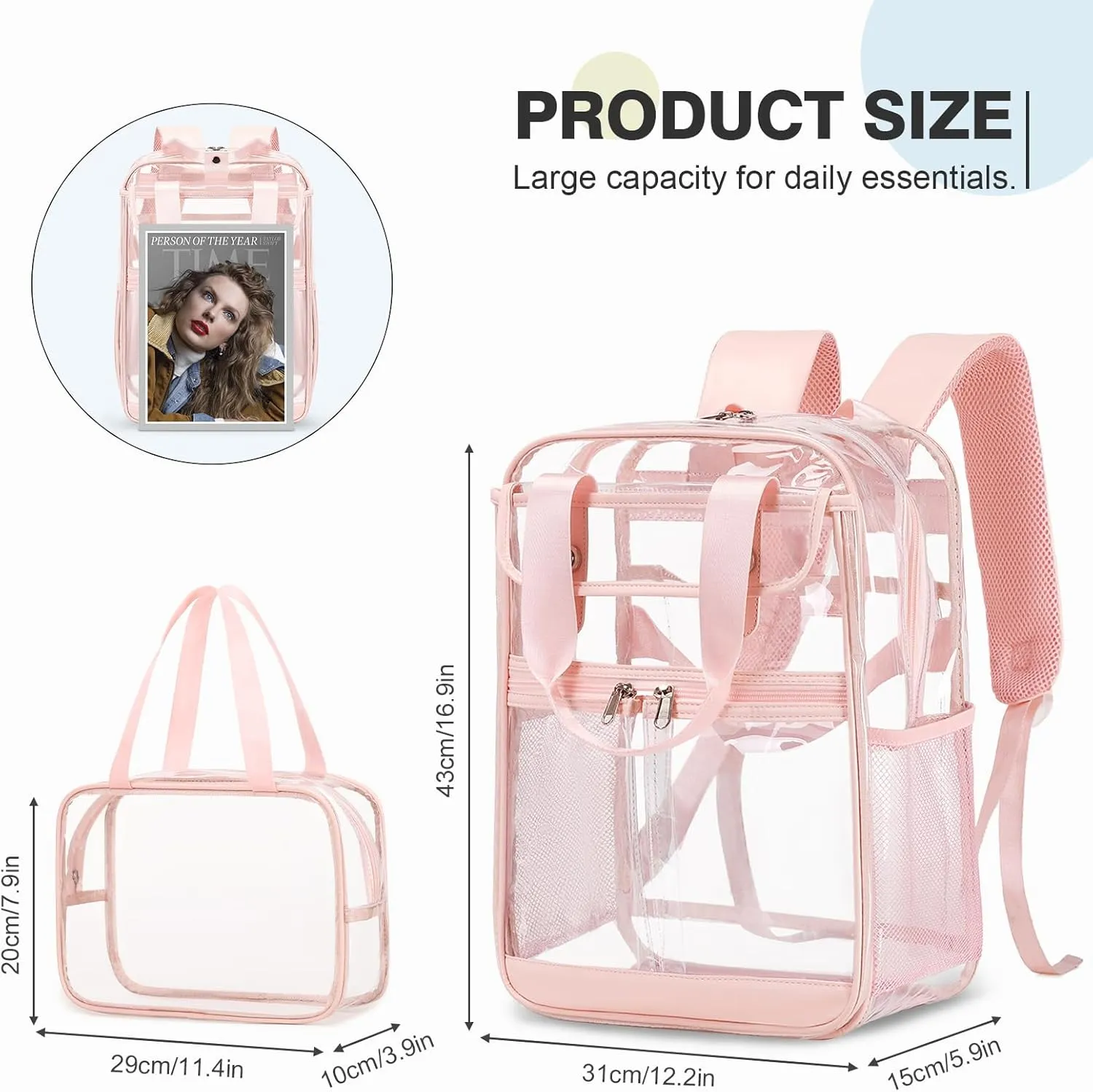 2PCS Clear Backpack for Women Girls, Heavy Duty Clear Backpack with Clear Tote Bag for Stadium Events, See Through Backpack, Large Transparent Backpack Clear Bookbag for Concert Work Travel