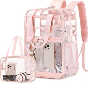 2PCS Clear Backpack for Women Girls, Heavy Duty Clear Backpack with Clear Tote Bag for Stadium Events, See Through Backpack, Large Transparent Backpack Clear Bookbag for Concert Work Travel