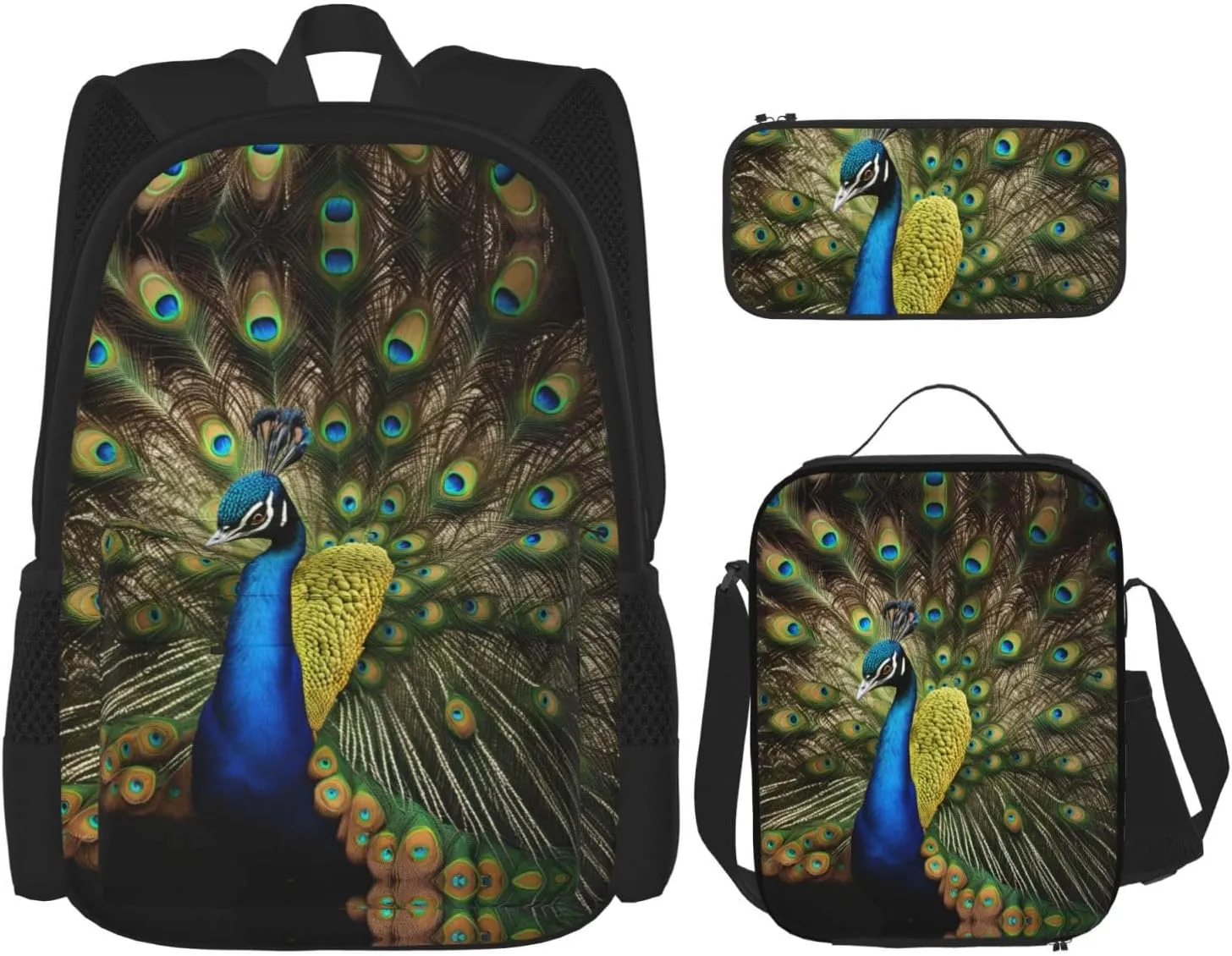 3-In-1 Backpack Bookbag Set,Peacock Feather Print Casual Travel Backpacks,With Pencil Case Pouch, Lunch Bag