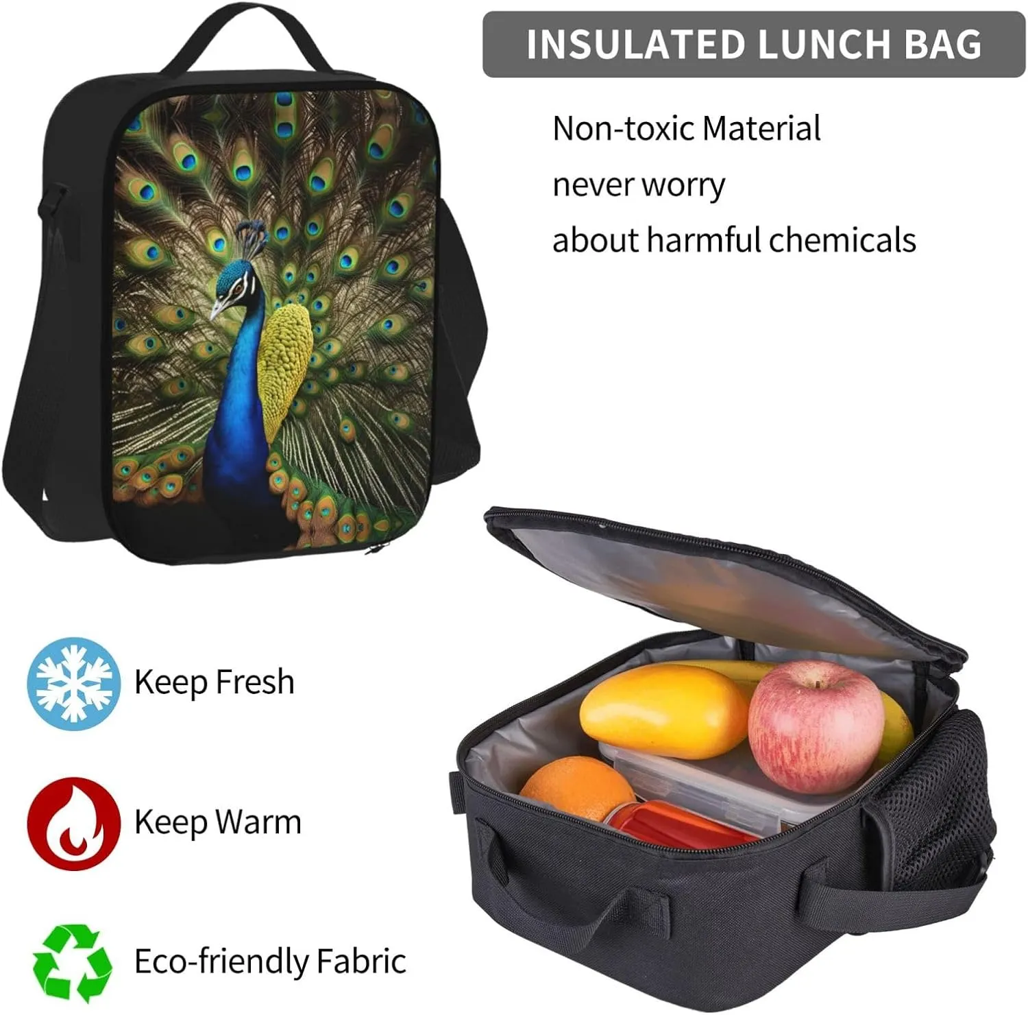 3-In-1 Backpack Bookbag Set,Peacock Feather Print Casual Travel Backpacks,With Pencil Case Pouch, Lunch Bag