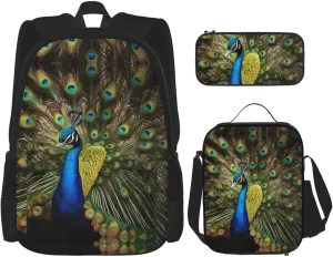 3-In-1 Backpack Bookbag Set,Peacock Feather Print Casual Travel Backpacks,With Pencil Case Pouch, Lunch Bag