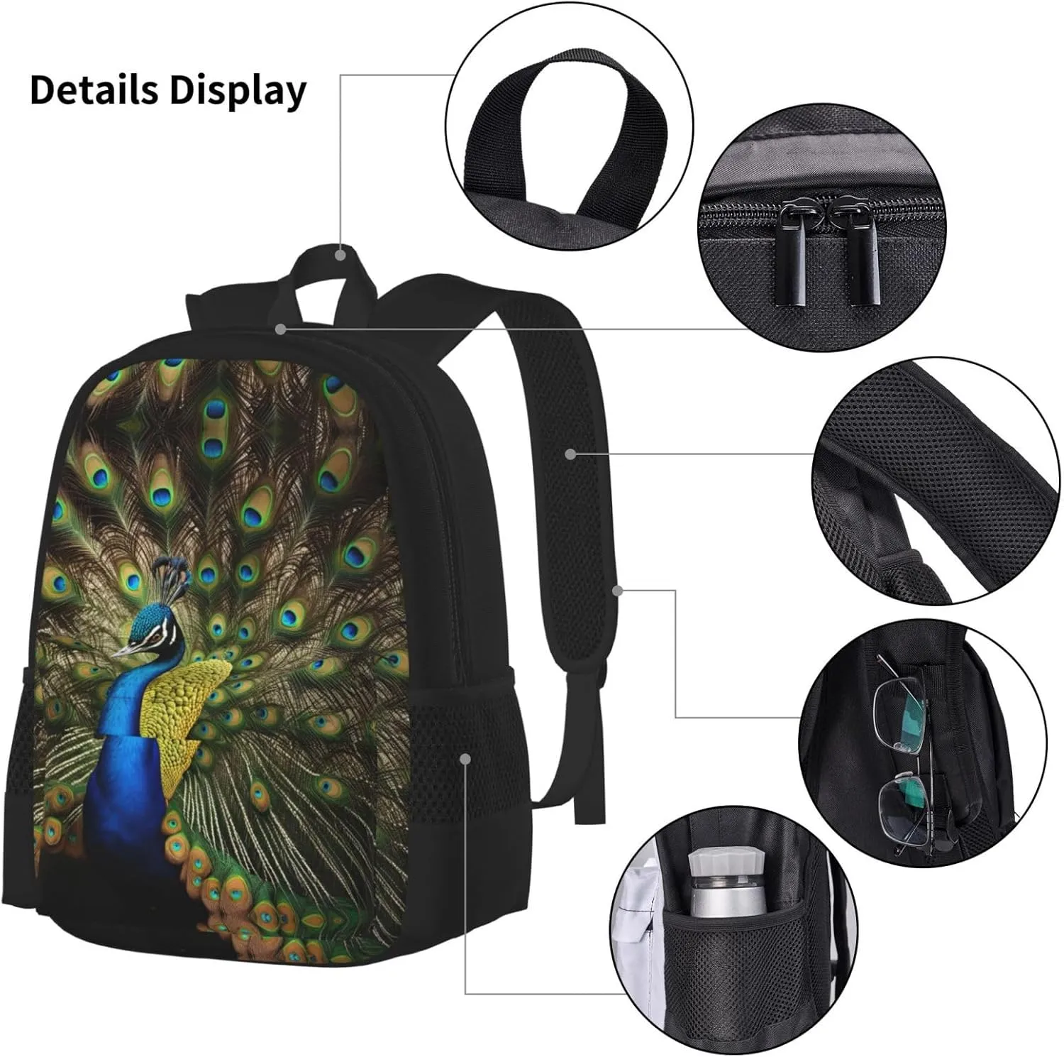 3-In-1 Backpack Bookbag Set,Peacock Feather Print Casual Travel Backpacks,With Pencil Case Pouch, Lunch Bag